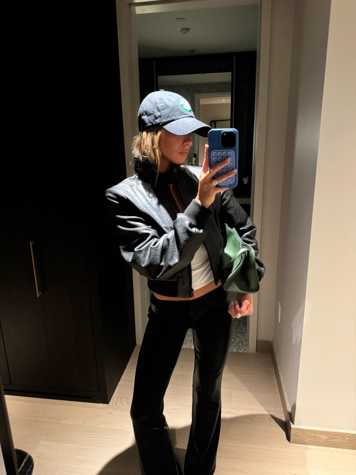 Leather Bomber Jacket with Slim Pants and Baseball Cap Leather Bomber Jacket with Slim Pants and Baseball Cap — Simple Basketball Game Outfits