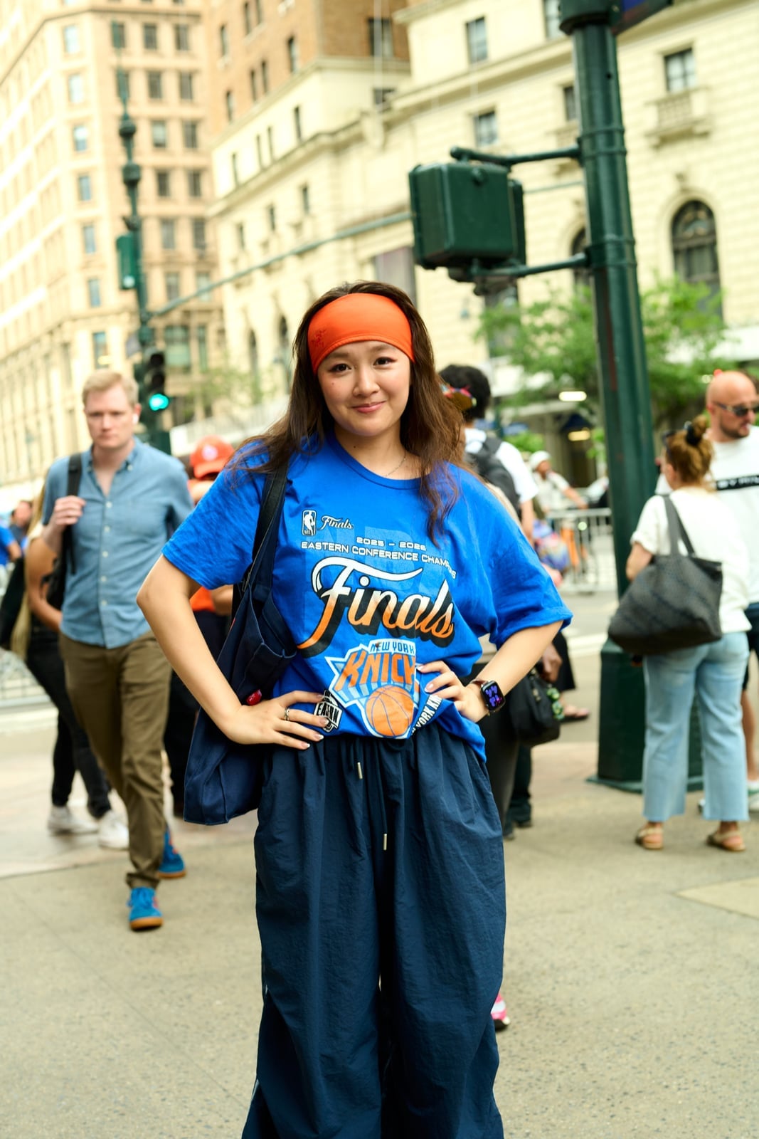 Graphic T-Shirt with Track Pants and Orange Headband Graphic T-Shirt with Track Pants and Orange Headband — Simple Basketball Game Outfits