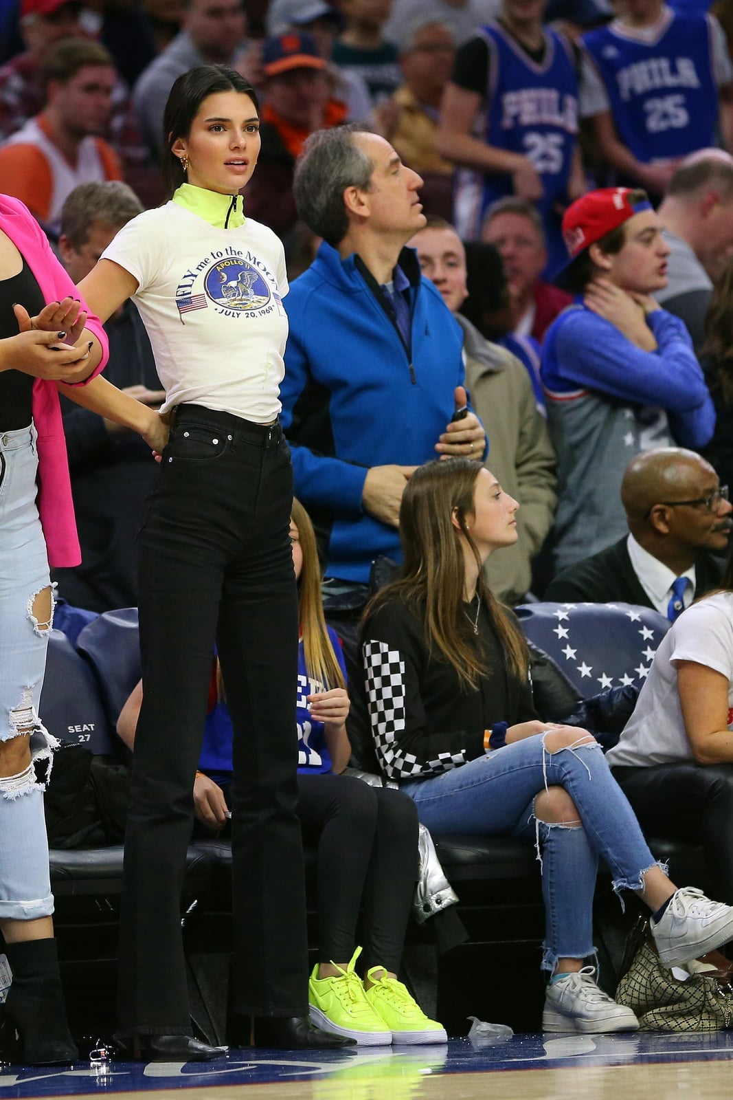 Graphic T-Shirt with Straight-Leg Pants and Neon Sneakers Graphic T-Shirt with Straight-Leg Pants and Neon Sneakers — Simple Basketball Game Outfits