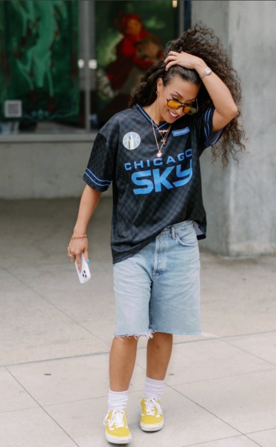 Basketball Jersey Over Denim Shorts with Yellow Sneakers Basketball Jersey Over Denim Shorts with Yellow Sneakers — Simple Basketball Game Outfits