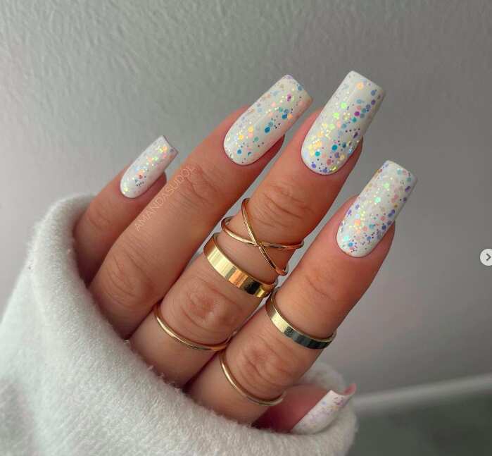 Long Square White Confetti Glitter Nails Long Square White Confetti Glitter Nails — Simple Birthday Nails