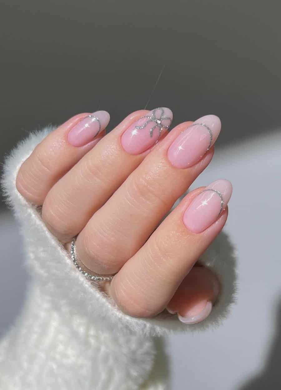 Medium Almond Sheer Pink Glitter French Tip Nails Medium Almond Sheer Pink Glitter French Tip Nails — Simple Birthday Nails
