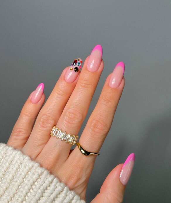 Medium Almond Nude Hot Pink French Rhinestone Nails Medium Almond Nude Hot Pink French Rhinestone Nails — Simple Birthday Nails