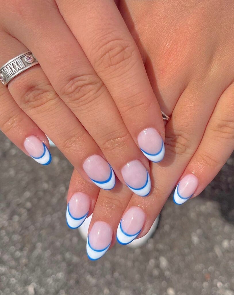 Short Oval Nude Double Blue Line French Nails Short Oval Nude Double Blue Line French Nails — Simple Birthday Nails