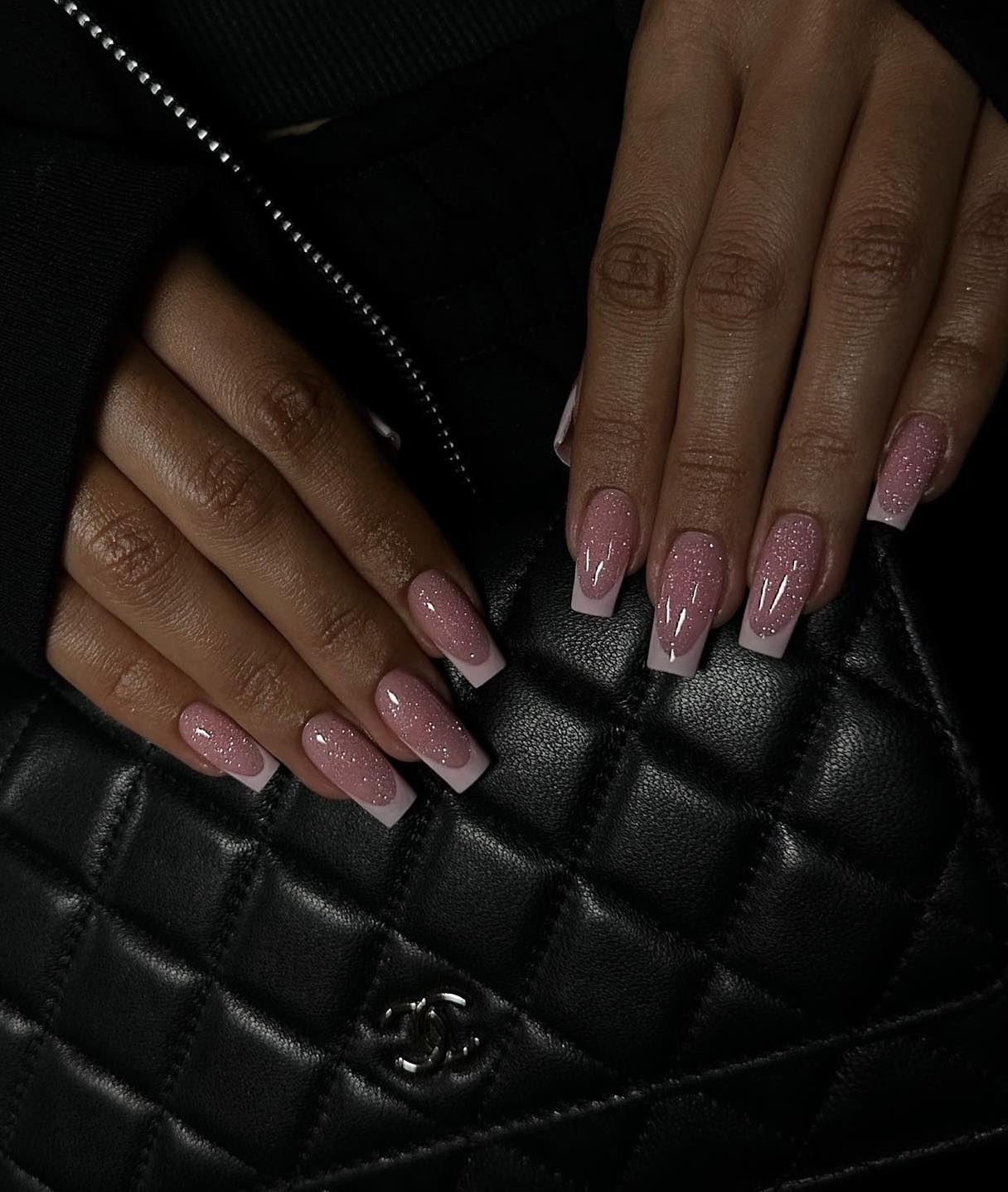 Medium Coffin Glitter French Manicure Medium Coffin Glitter French Manicure — Simple Birthday Nails