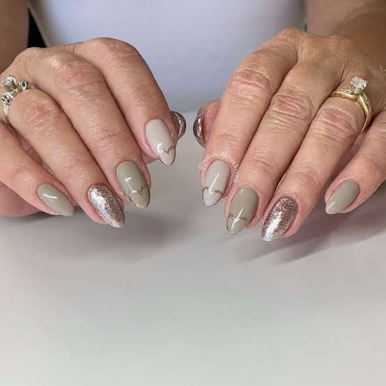 Medium Almond Taupe Beige Silver Line Nails Medium Almond Taupe Beige Silver Line Nails — Simple Birthday Nails