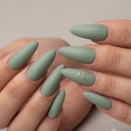 Medium Almond Sage Green Gold Line Nails Medium Almond Sage Green Gold Line Nails — Simple Birthday Nails
