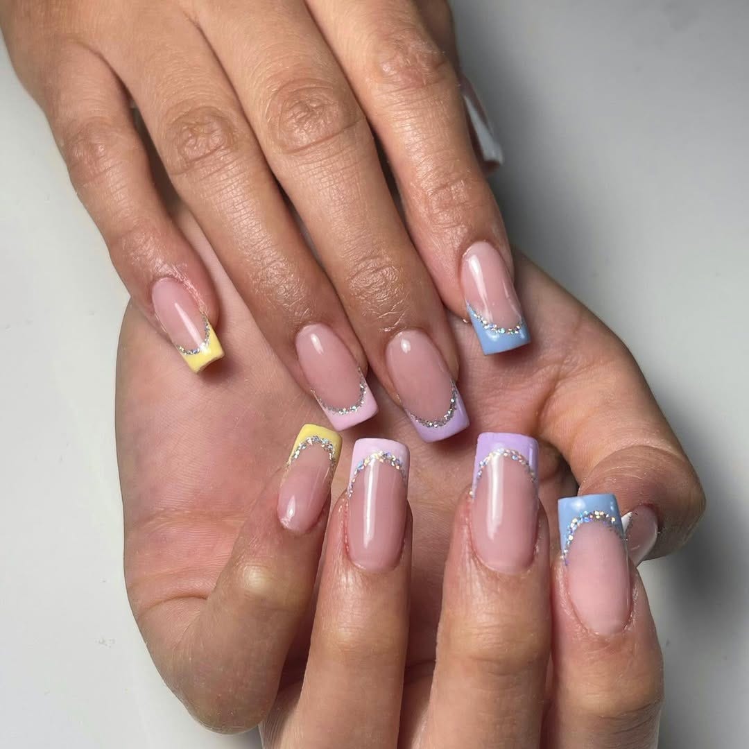 Medium Square Pastel Color Block French Nails Medium Square Pastel Color Block French Nails — Simple Birthday Nails