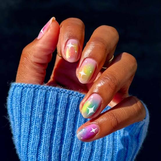 Medium Almond Rainbow Gradient Star Nails Medium Almond Rainbow Gradient Star Nails — Simple Birthday Nails