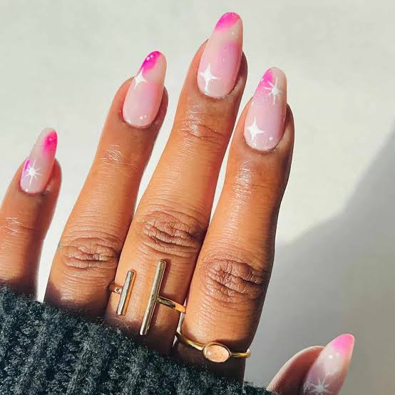 Medium Oval White Star Pink Gradient Nails Medium Oval White Star Pink Gradient Nails — Simple Birthday Nails