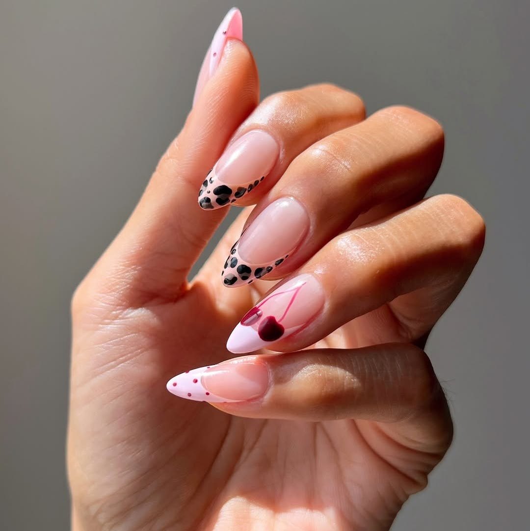 Long Stiletto Pink Cherry Motif Nails Long Stiletto Pink Cherry Motif Nails — Simple Birthday Nails