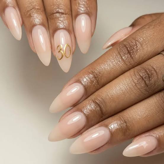 Medium Almond Nude With Gold Number 30 Nails Medium Almond Nude With Gold Number 30 Nails — Simple Birthday Nails
