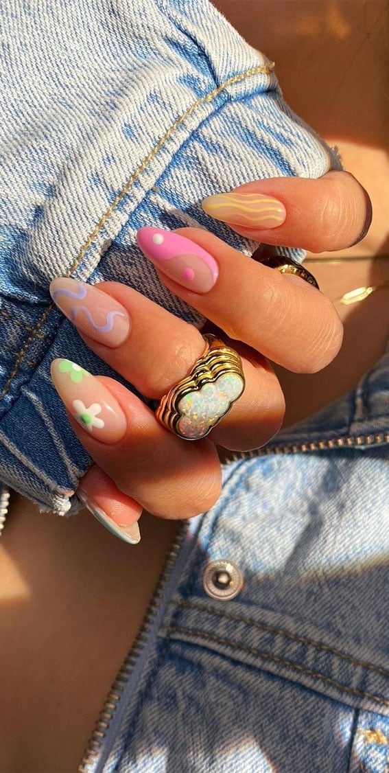 Pastel Nude Almond Nails Flower Butterfly Waves Pastel Nude Almond Nails Flower Butterfly Waves — Simple Birthday Nails Almond