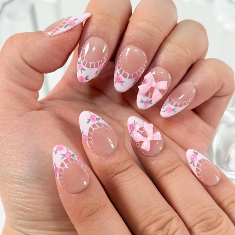 Sheer Nude Almond Nails Rose Lace Bow Art Sheer Nude Almond Nails Rose Lace Bow Art — Simple Birthday Nails Almond