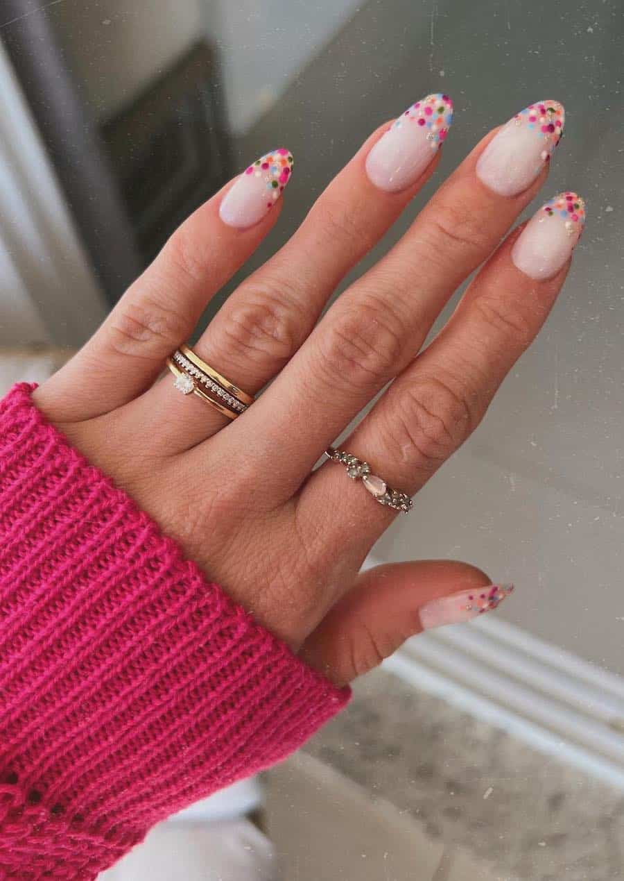 Nude Almond Nails with Confetti Dot Tips Nude Almond Nails with Confetti Dot Tips — Simple Birthday Nails Almond