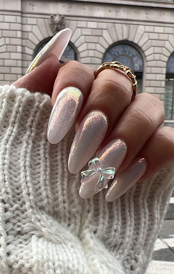 Pearlescent Bow Detail Long Almond Nails Pearlescent Bow Detail Long Almond Nails — Simple Birthday Nails Almond