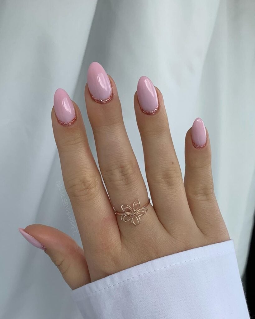 Short Light Pink Rose Gold Glitter Cuticle Line Short Light Pink Rose Gold Glitter Cuticle Line — Simple Birthday Nails Almond