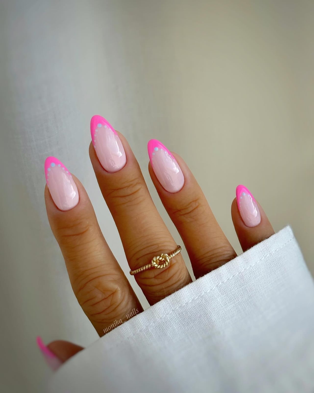 Short Almond Pink French Tips Blue Dots Short Almond Pink French Tips Blue Dots — Simple Birthday Nails Almond