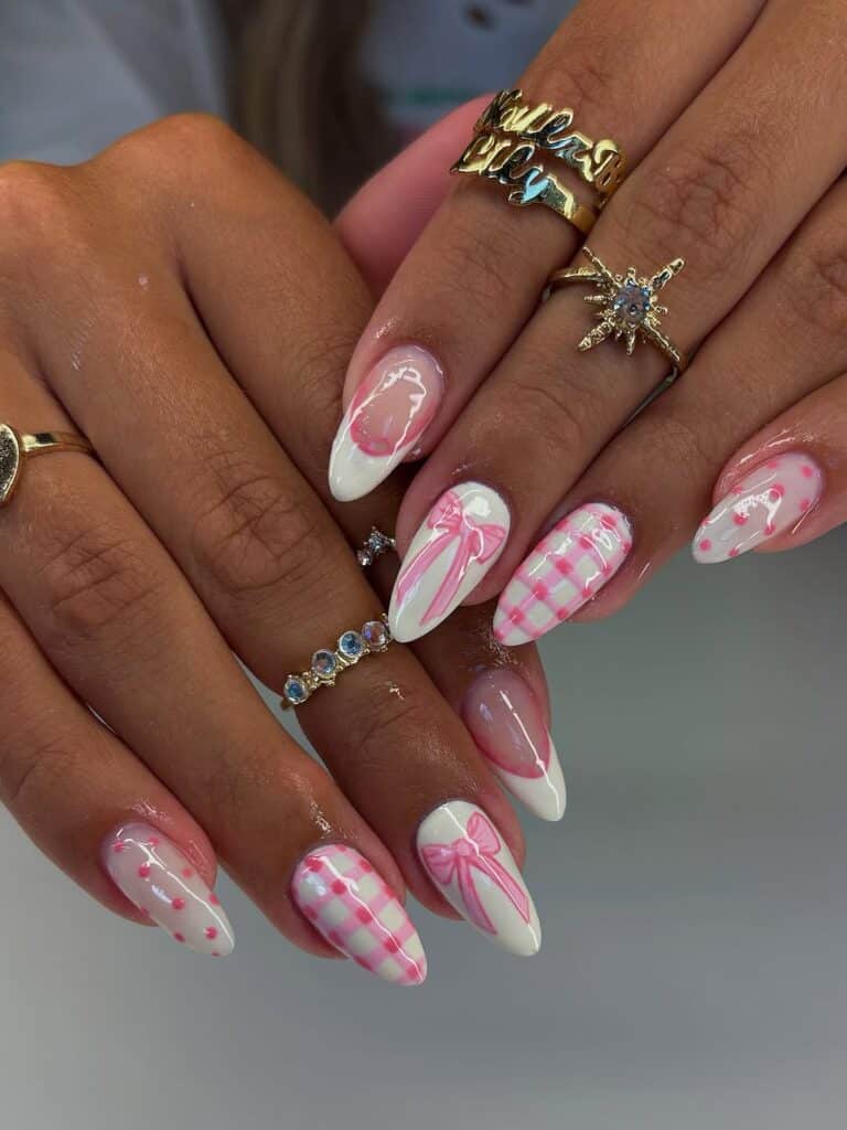 Playful Pink Plaid Bow Polka Dot Almond Nails Playful Pink Plaid Bow Polka Dot Almond Nails — Simple Birthday Nails Almond