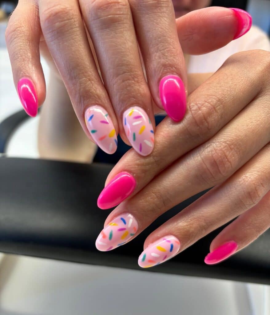 Hot Pink Confetti Sprinkle Medium Almond Nails Hot Pink Confetti Sprinkle Medium Almond Nails — Simple Birthday Nails Almond