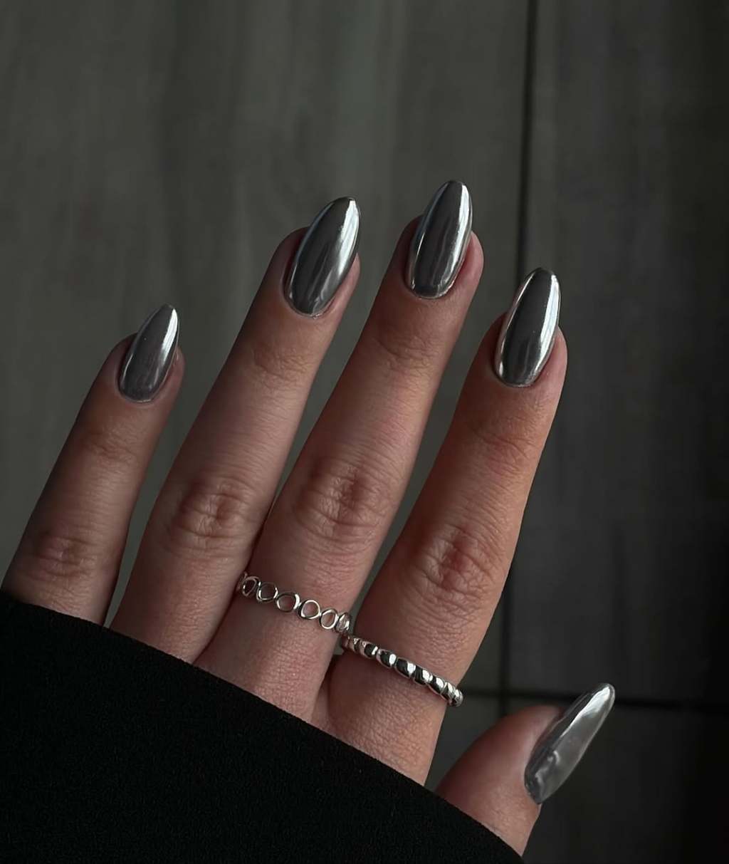 Medium Almond Silver Chrome Nails — Simple Black Chrome Nails