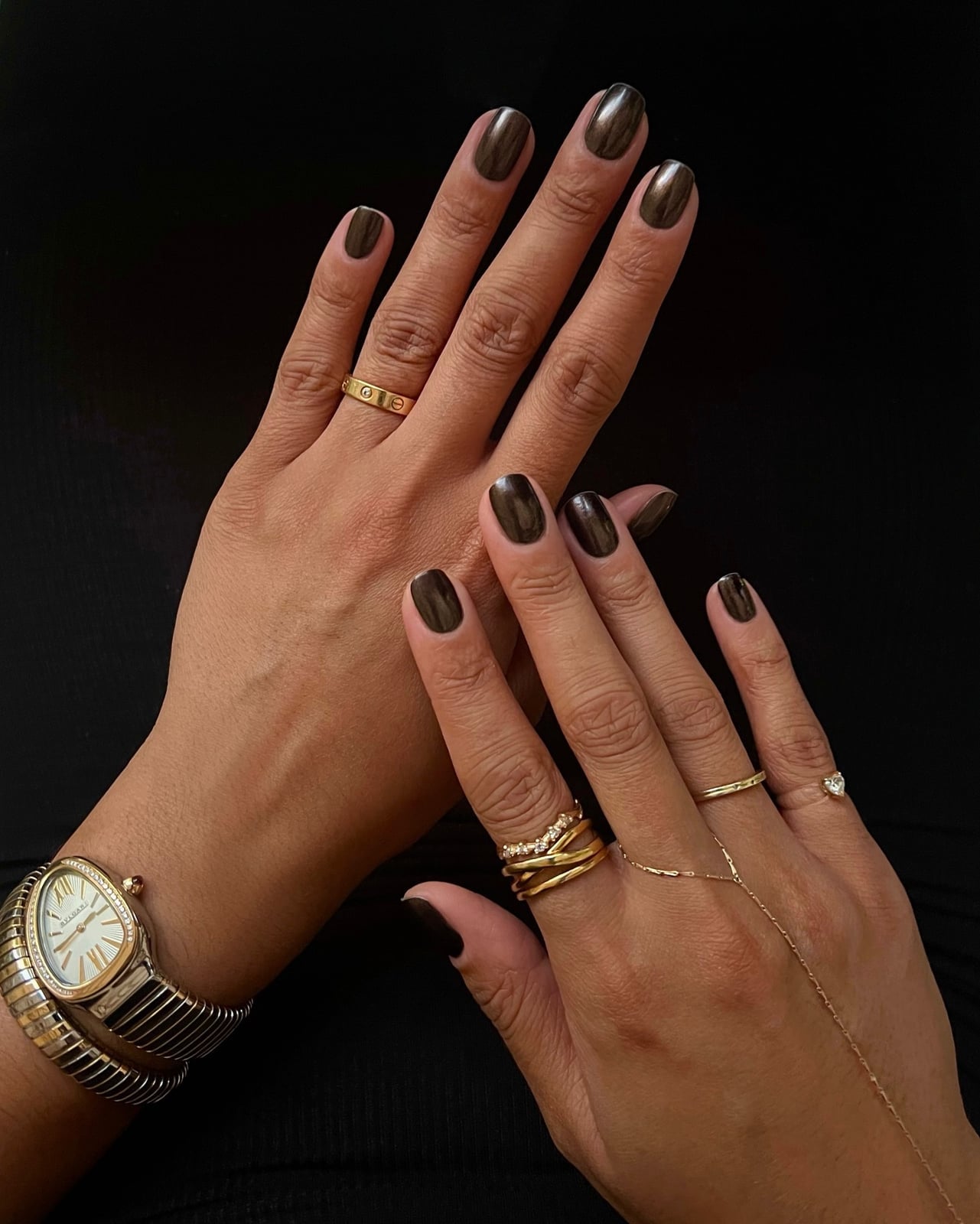 Short Square Dark Metallic Black Chrome — Simple Black Chrome Nails