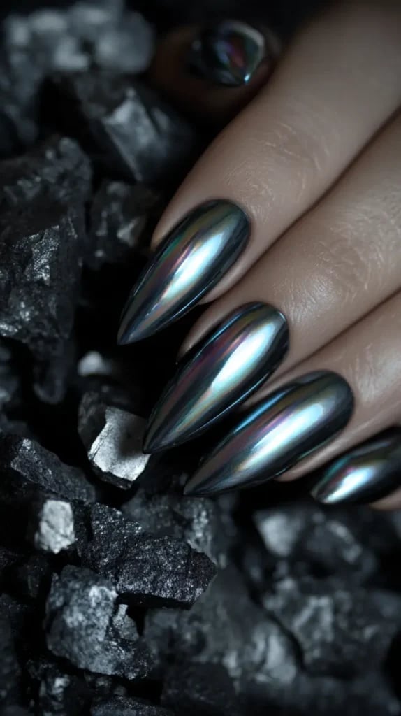 Long Stiletto Black Mirror Chrome Nails — Simple Black Chrome Nails