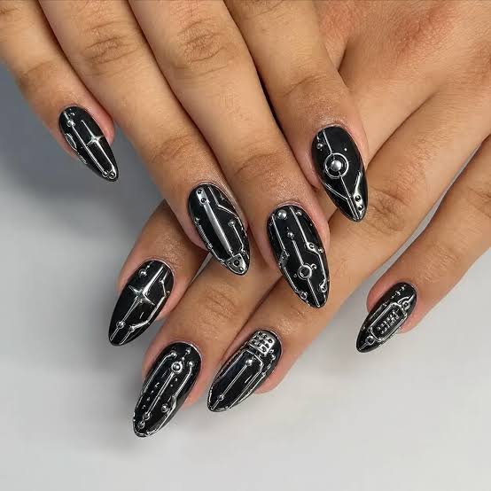 Medium Almond Black Chrome Geometric Accents — Simple Black Chrome Nails