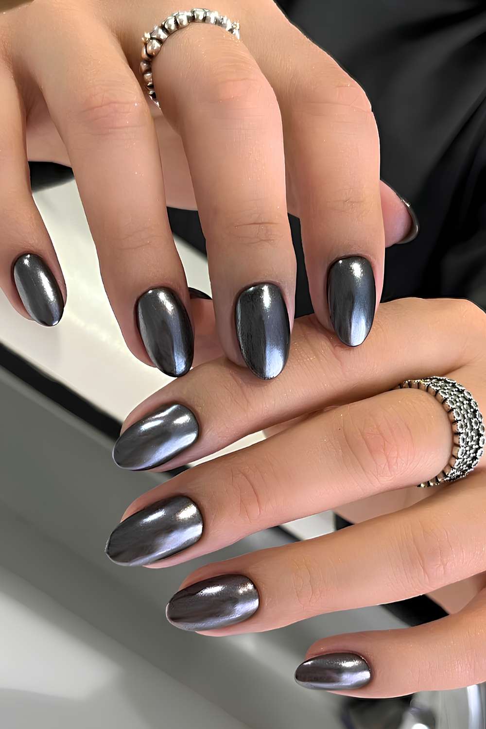 Medium Almond Dark Grey Chrome Nails — Simple Black Chrome Nails