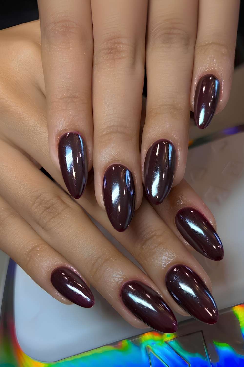 Medium Almond Deep Burgundy Chrome With Full Color — Simple Black Chrome Nails