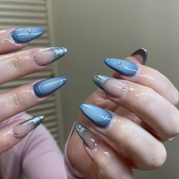 Blue Silver Chrome French Tip Almond Nails With A Sheer Nude Base Blue Silver Chrome French Tip Almond Nails With A Sheer Nude Base — Simple Blue Chrome Nails