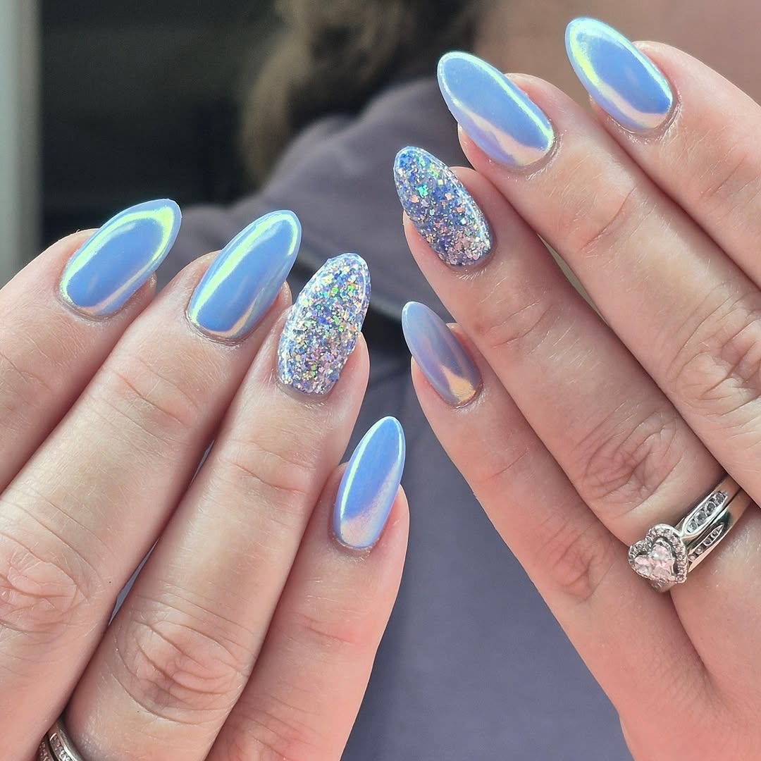Pale Blue Chrome Almond Nails with Glitter Accents Pale Blue Chrome Almond Nails with Glitter Accents — Simple Blue Chrome Nails