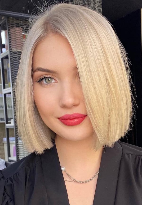 Platinum Blonde Bob Sleek Cut, Chin Platinum Blonde Bob Sleek Cut, Chin — Simple Blunt Bob