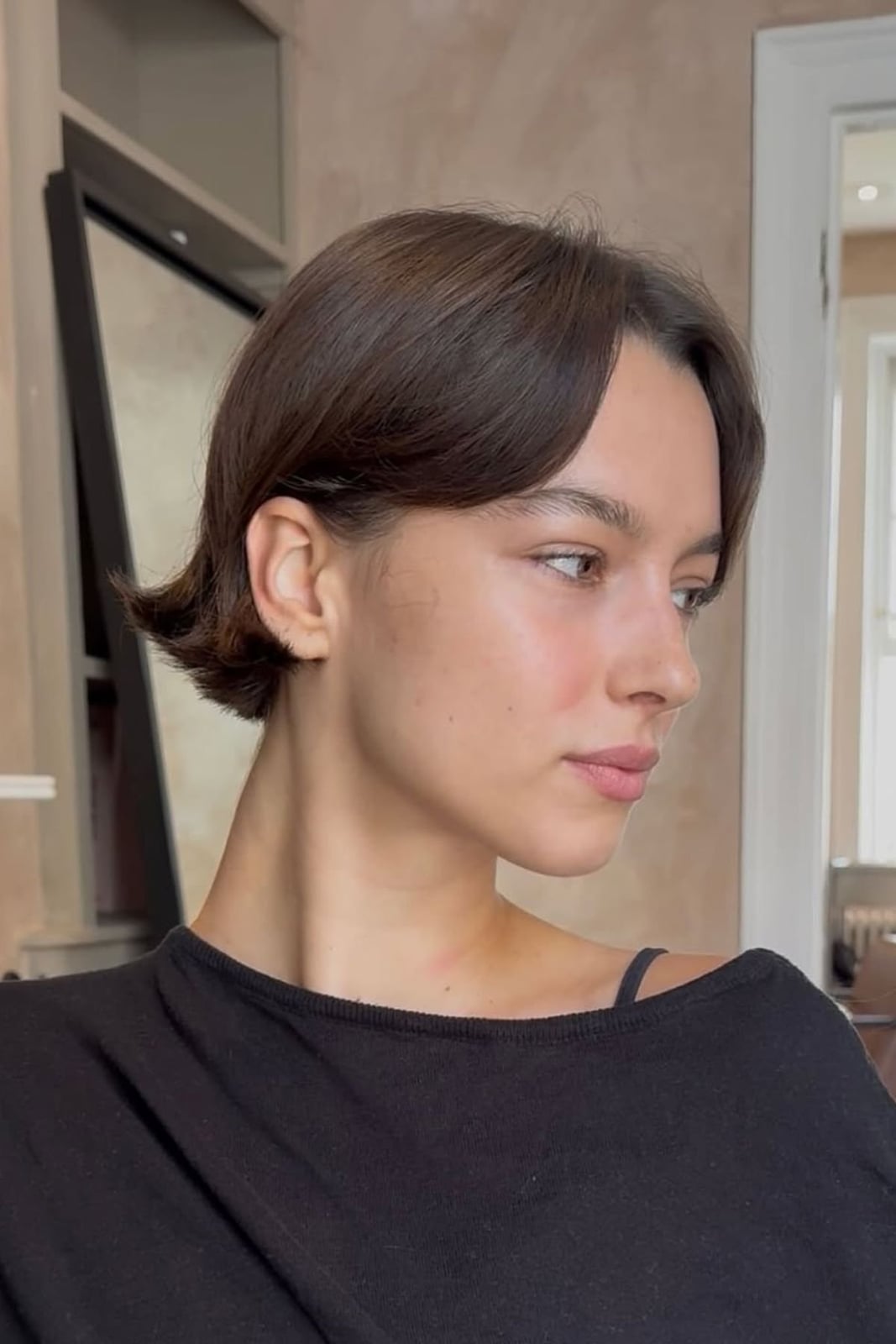 Ear Length Bob Curtain Bangs, Dark Brown Ear Length Bob Curtain Bangs, Dark Brown — Simple Blunt Bob