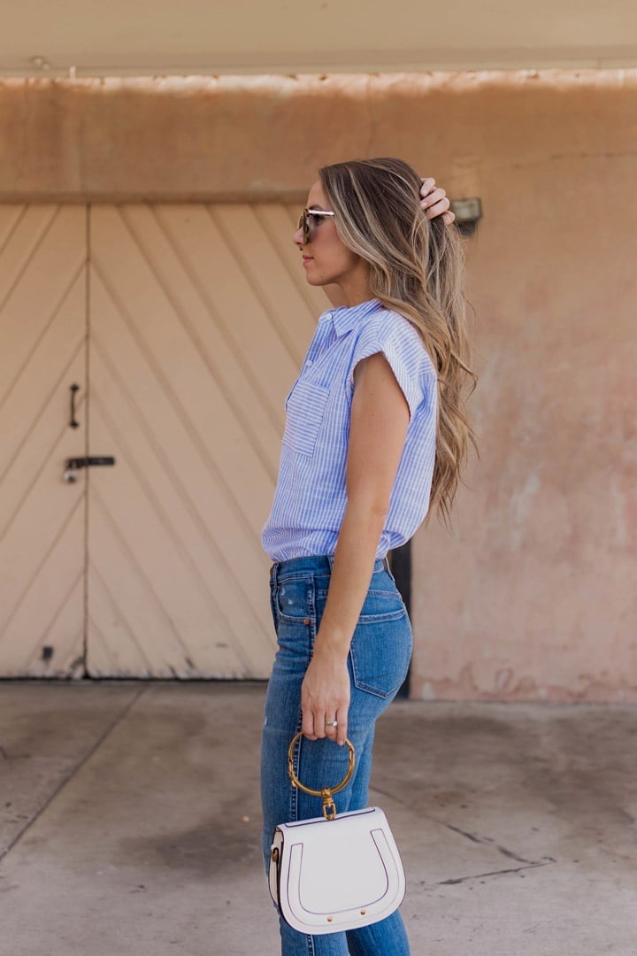 Striped Button-Down Shirt with Jeans and White, Everyday Version Striped Button-Down Shirt with Jeans and White, Everyday Version — Simple Button Down Outfits