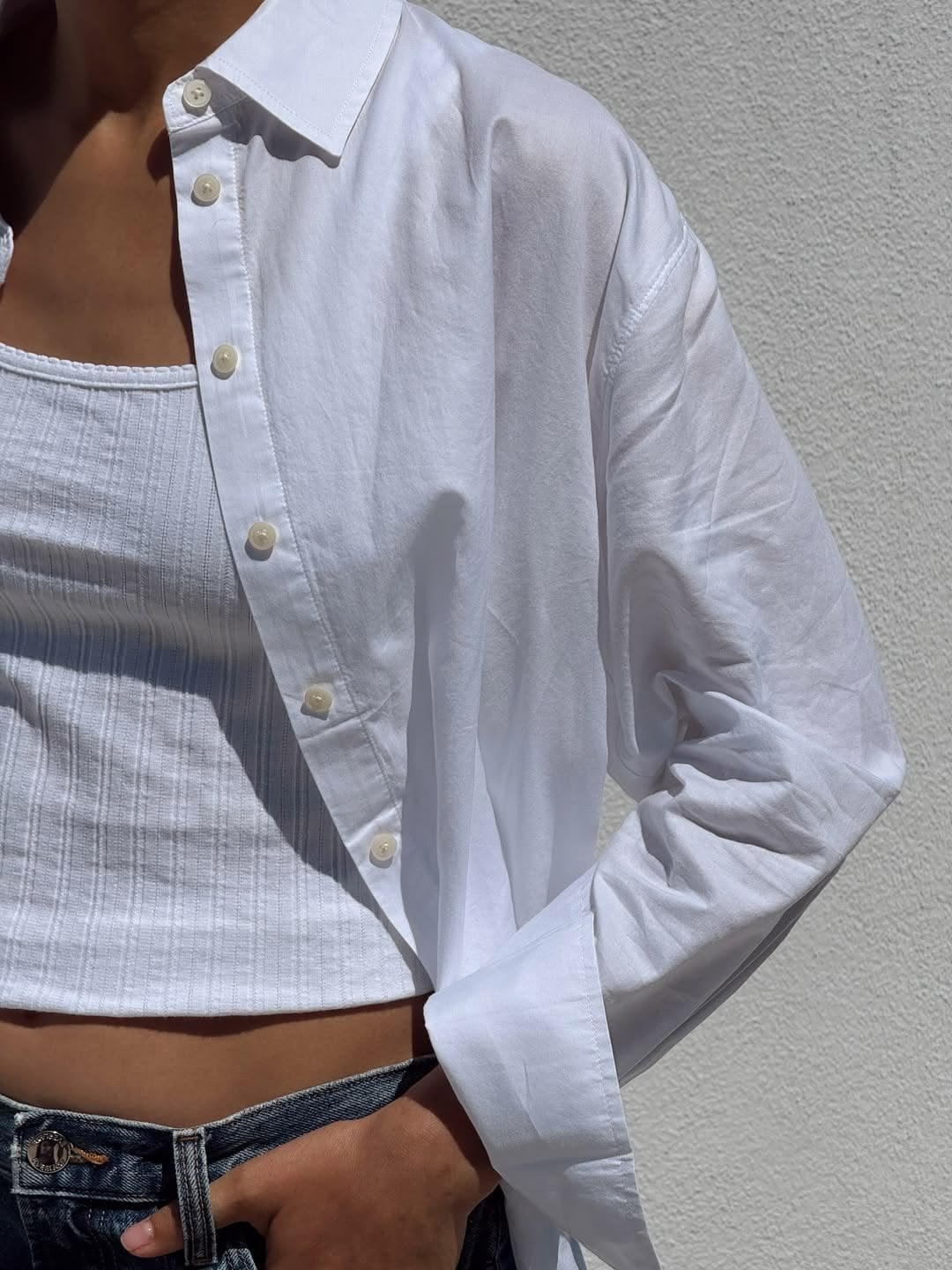 Unbuttoned White Shirt Over Tank with Denim Jeans Unbuttoned White Shirt Over Tank with Denim Jeans — Simple Button Down Outfits