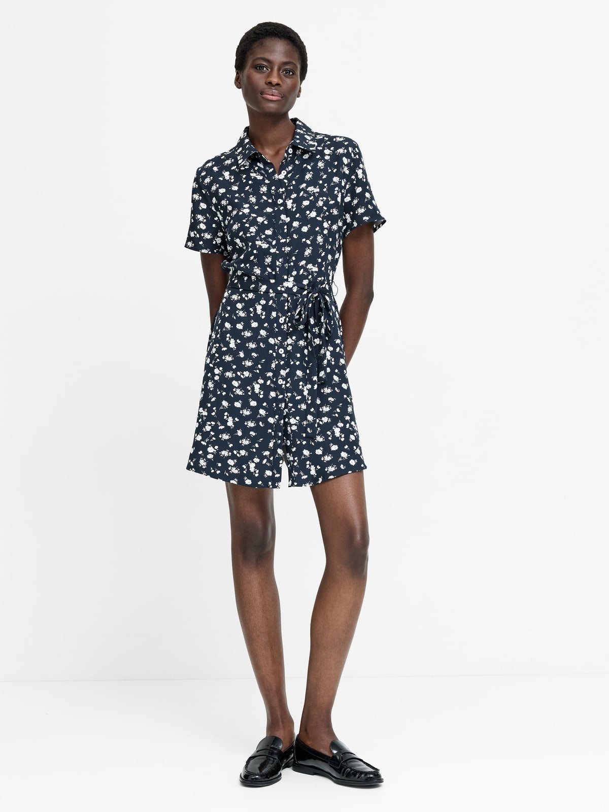 Navy Floral Shirt Dress with Belt and Loafers Navy Floral Shirt Dress with Belt and Loafers — Simple Button Down Outfits