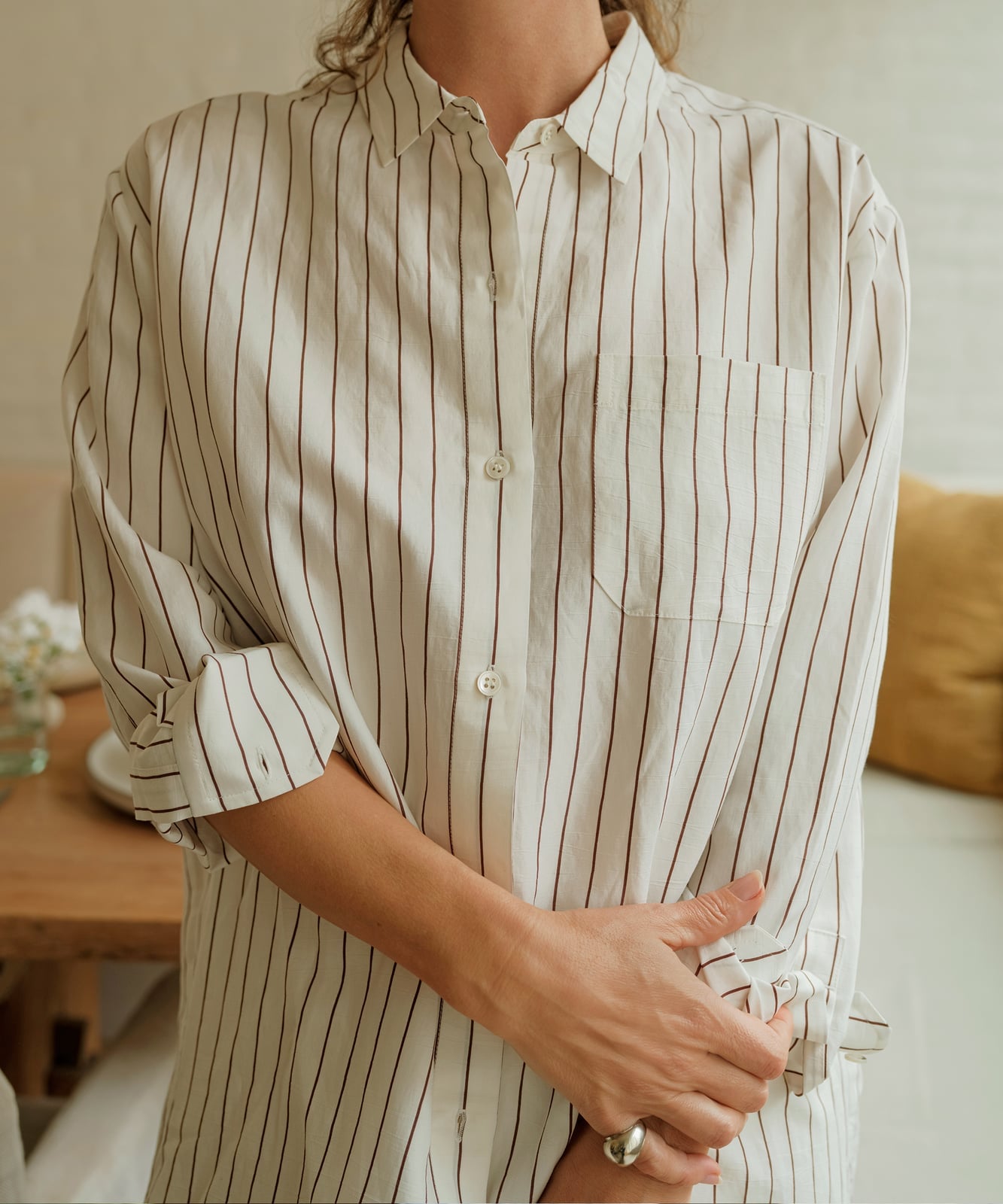 Pinstriped White Shirt with Rolled Sleeves Pinstriped White Shirt with Rolled Sleeves — Simple Button Down Outfits