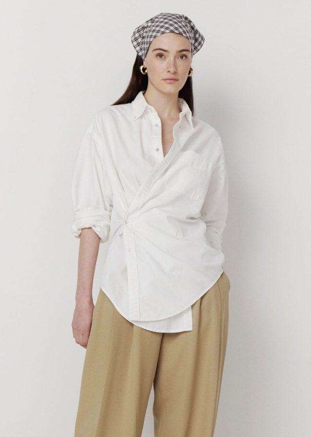 Asymmetrical White Shirt with Tan Wide-Leg Trousers Asymmetrical White Shirt with Tan Wide-Leg Trousers — Simple Button Down Outfits