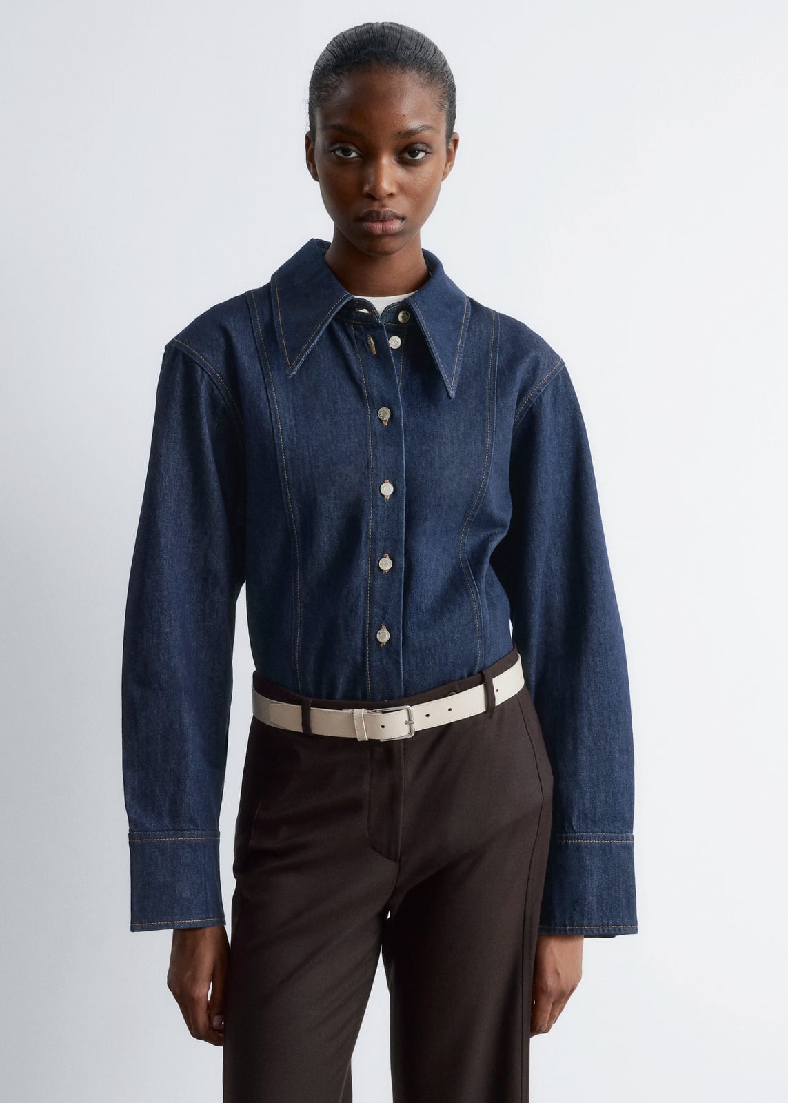 Denim Shirt with White Tee and Wool Trousers Denim Shirt with White Tee and Wool Trousers — Simple Button Down Outfits
