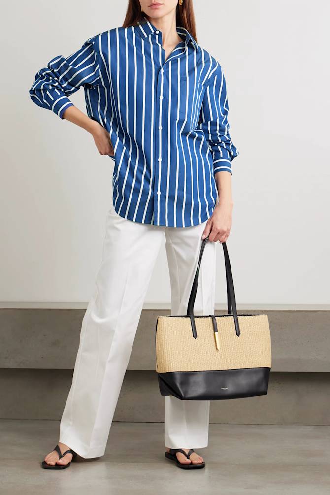 Striped Button-Down with Crisp White Wide-Leg Trousers Striped Button-Down with Crisp White Wide-Leg Trousers — Simple Button Down Outfits