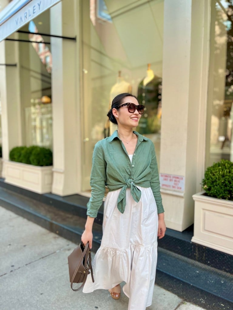 Tied Green Shirt Over Tank with Tiered Maxi Skirt Tied Green Shirt Over Tank with Tiered Maxi Skirt — Simple Button Down Outfits