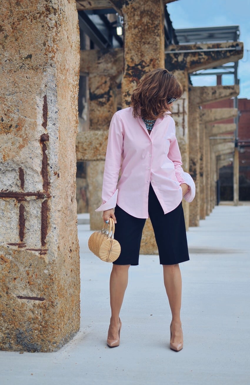 Pink Shirt with Navy Wide-Leg Shorts Pink Shirt with Navy Wide-Leg Shorts — Simple Button Down Outfits