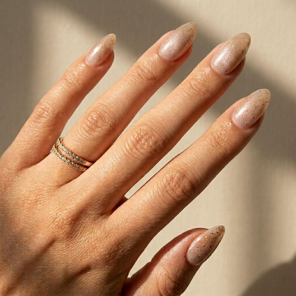 Sheer Beige Gold Glitter Medium Almond Nails Sheer Beige Gold Glitter Medium Almond Nails — Simple Champagne Nails