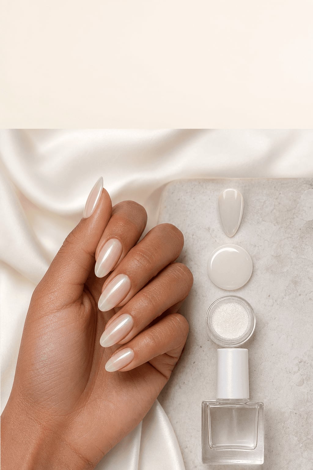 Milky Pearlescent Short Almond Nails Milky Pearlescent Short Almond Nails — Simple Champagne Nails