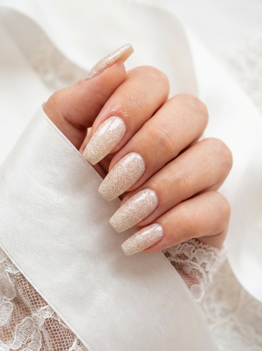 Pale Champagne Gold Glitter Long Coffin Nails Pale Champagne Gold Glitter Long Coffin Nails — Simple Champagne Nails