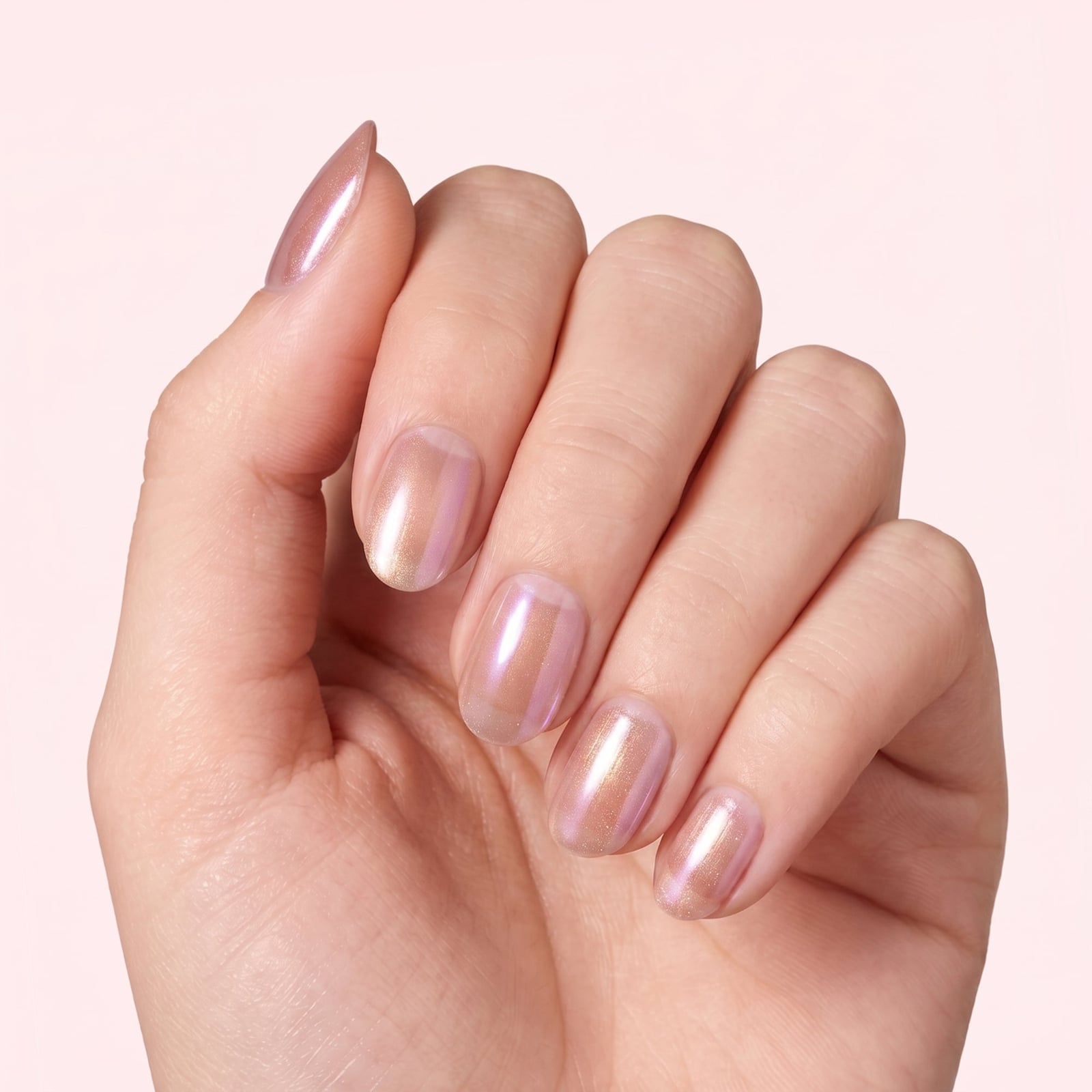 Milky Peach Pink Pearlescent Short Oval Nails Milky Peach Pink Pearlescent Short Oval Nails — Simple Champagne Nails