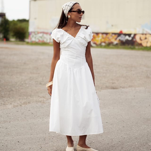 White Cotton Midi Dress with Puff Sleeves White Cotton Midi Dress with Puff Sleeves — Simple Church Dresses