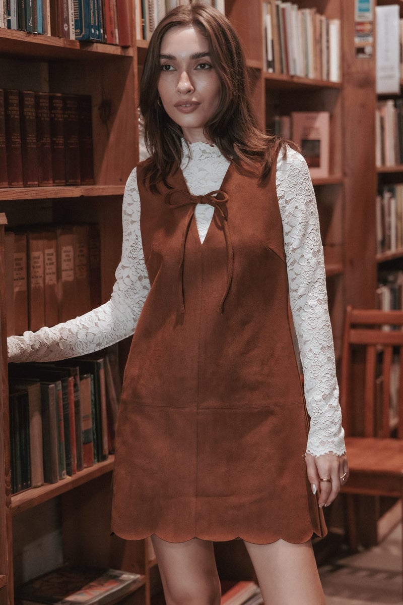 Brown Suede Pinafore Dress with Scalloped Hem Brown Suede Pinafore Dress with Scalloped Hem — Simple Church Dresses