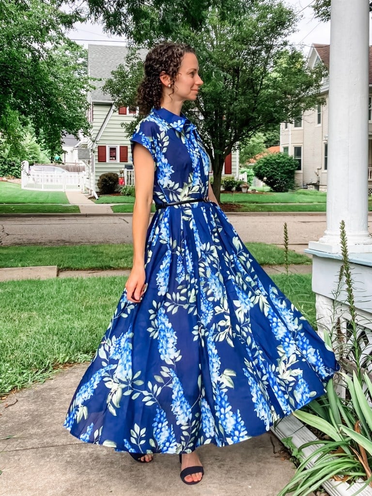 Blue Dress with Voluminous Floral Skirt Blue Dress with Voluminous Floral Skirt — Simple Church Dresses